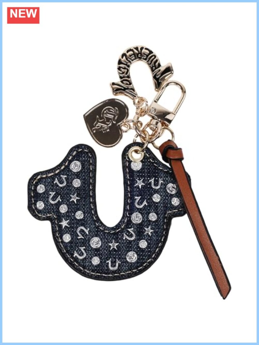 Denim Bag Charm with Gold Heart and Horseshoe Pendants, Lobster Clasp Keychain